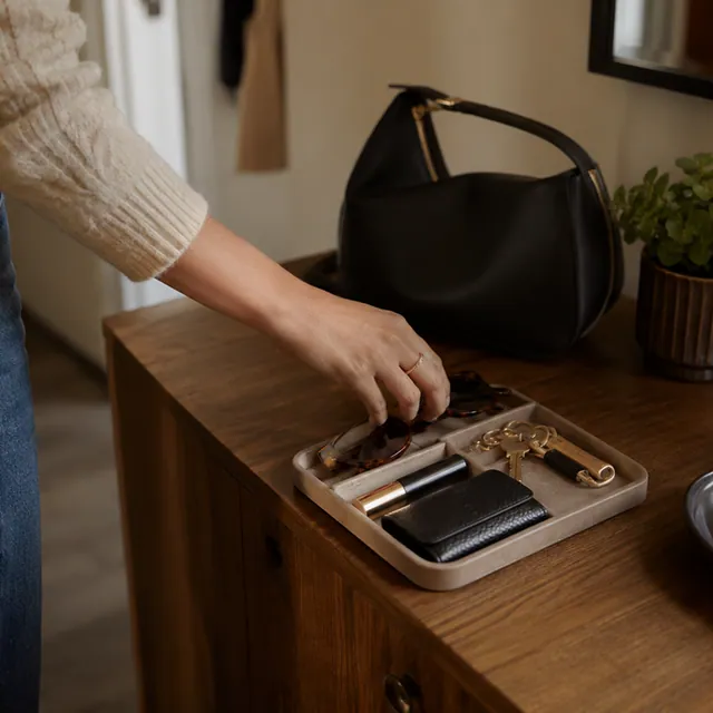 A hand reaches into an entryway tray holding keys, a wallet, and cards beside a handbag.