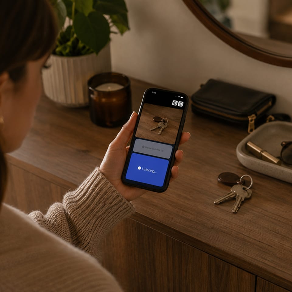 An iPhone running Speakaboo is held over the console as it identifies the keys and wallet.
